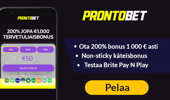 ProntoBet Casino tarjoaa 200% bonuksen ja 10% käteispalautuksen.