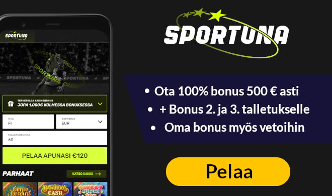Sportuna Casino tarjoaa 100% bonuksen 500 € asti uusille kasinopelaajille.