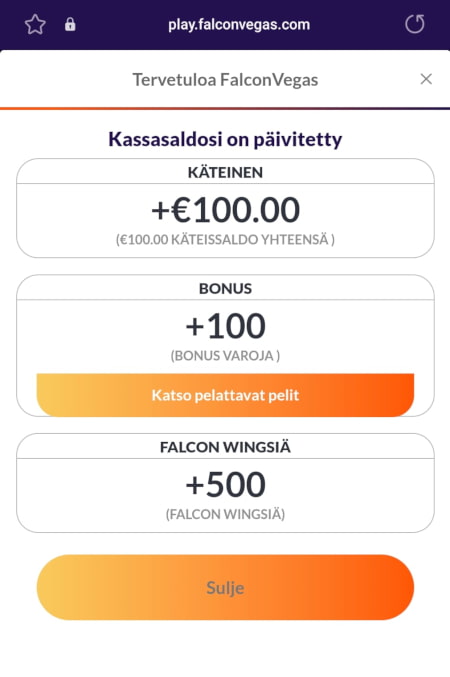 Falcon Vegas Casino live kasino bonus on helppo lunastaa myös mobiilissa.