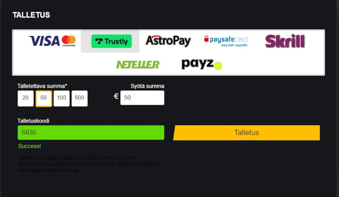 MobileWins bonuskoodi täytyy aktivoida talletuksen yhteydessä.