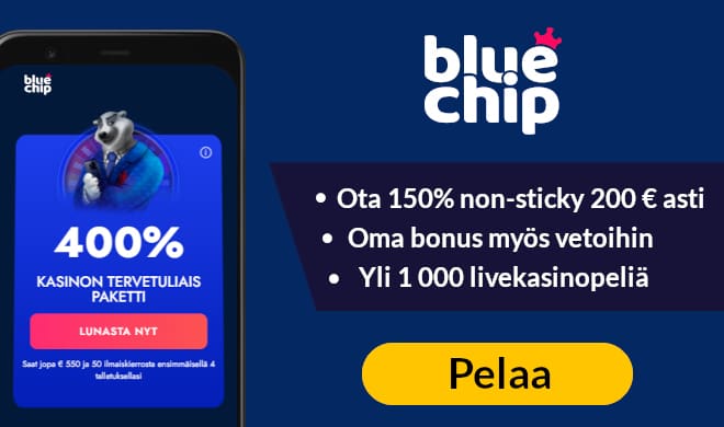 Blue Chip Casino tarjoaa uusien pelaajien ensitalletukselle 150% non-sticky bonuksen.