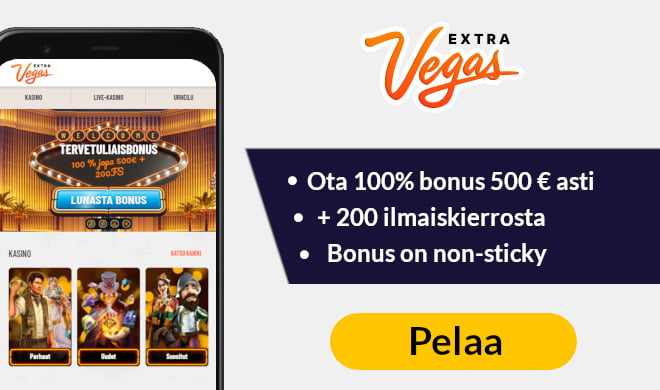 Extra Vegas Casino tarjoaa 100% non-sticky bonuksen 500 € asti uusille pelaajille.