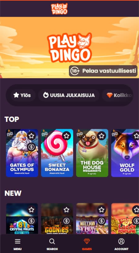 Playdingo Casino mobiili toimii erittäin hyvin.