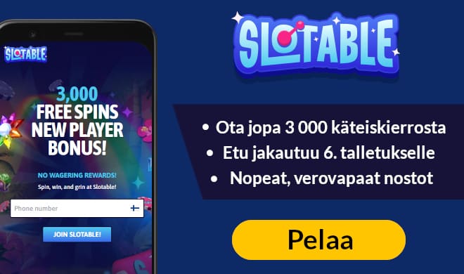 Slotable tarjoaa uusille pelaajille jopa 3 000 ilmaiskierrosta ilman kierrätystä.