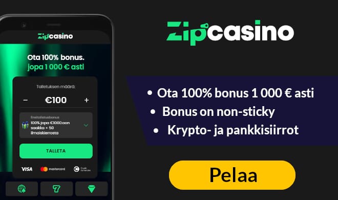 Zip Casino tarjoaa ison non-sticky bonuksen jopa 1 000 € asti.