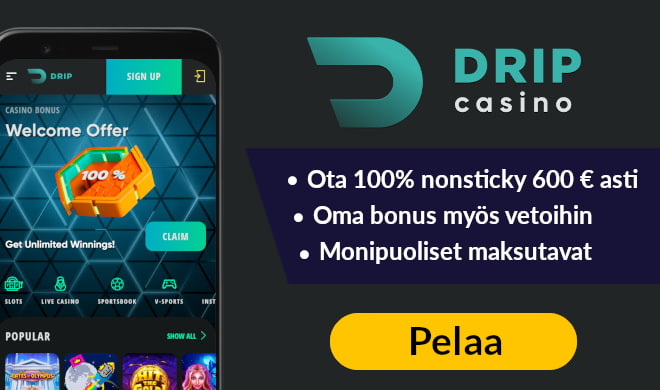 Drip Casino tarjoaa 150% bonuksen 600 € asti uusille kasinopelaajille.