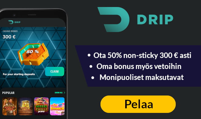 Drip Casino tarjoaa 150% bonuksen 600 € asti uusille kasinopelaajille.