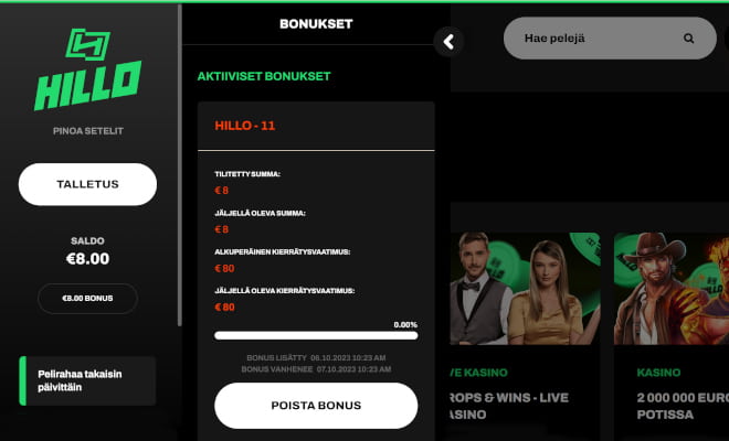 Hillon maksettu cashback näkyy bonusten tiedoissa.