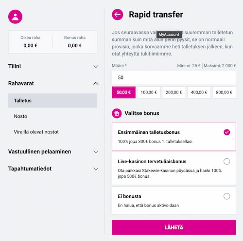Valitse bonus talletuksen yhteydessä.