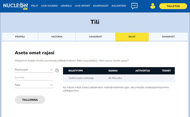 Nucleonbetillä vastuullinen pelaaminen otetaan vakavasti ja kasino tarjoaa mahdollisuuden asettaa pelirajat sekä heti pelitilin luomisen jälkeen että missä tahansa vaiheessa oman pelitilin kautta.