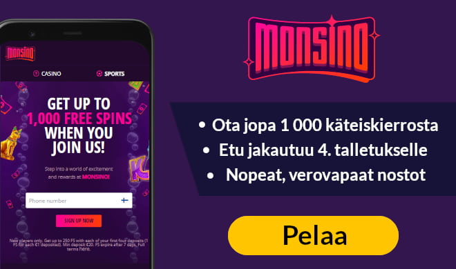 Monsino Casino tarjoaa käteiskierroksia uusille pelaajille jopa 1 000 kierroksen edestä.