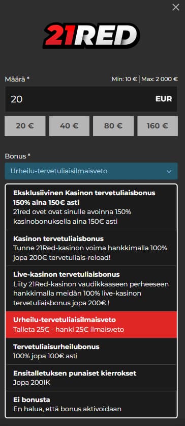 Pika vedonlyönti tallettaminen ja bonuksen valitseminen