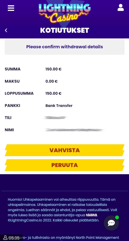 Lightning kasino kotiutus on erittäin helppo tehdä myös mobiilissa.