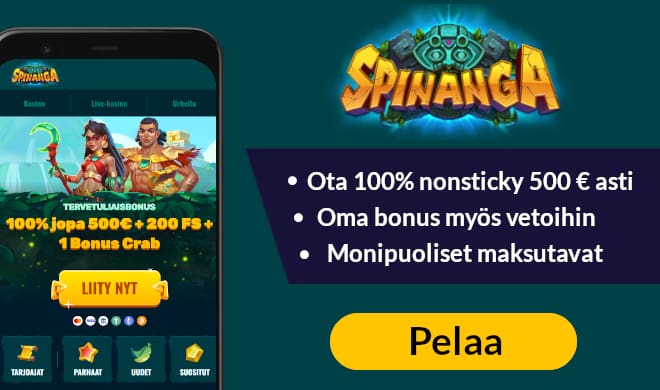 Spinanga Casino tarjoaa erinomaisia etuja sekä kasinolle että vedonlyöntiin, monipuoliset maksutavat, myös Zimpler.