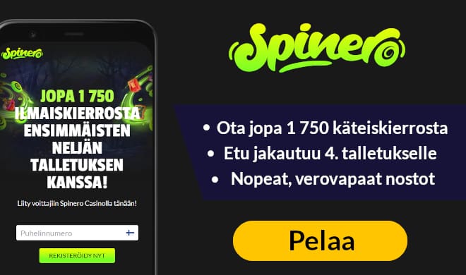 Spinero Casino tarjoaa ilmaiskierroksia ilman kierrätystä ja ensimmäisellä talletuksella luvassa on neljä kierrosta per talletettu euro, verovapaat voitot.