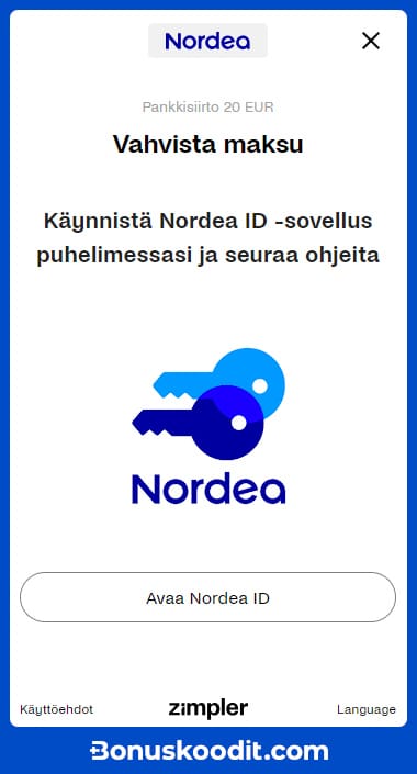 Zimpler casino talletuksen vahvistus Nordea ID avulla.