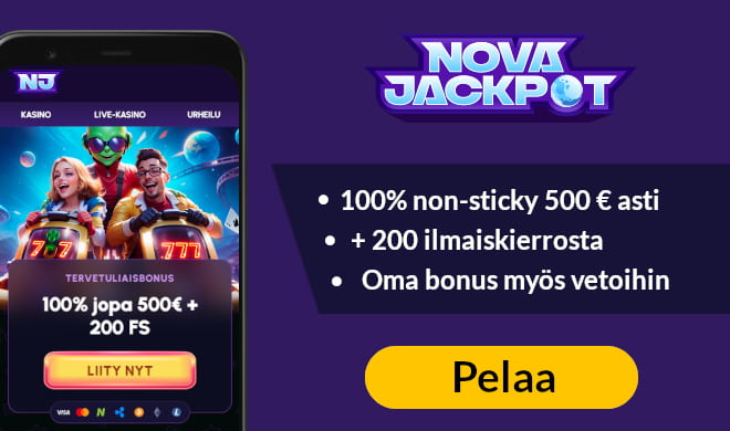 Hyödynnä NovaJackpot Casino edut, 100% talletusbonus joko kasinolle tai vedonlyöntiin.