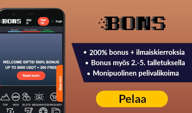 Bons Casino tarjoaa jopa 500% bonuksen pelien alkuun.