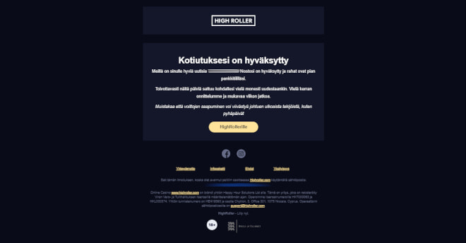 Nopea casino Highroller ilmoittaa kotiutuksen hyväksymisestä.