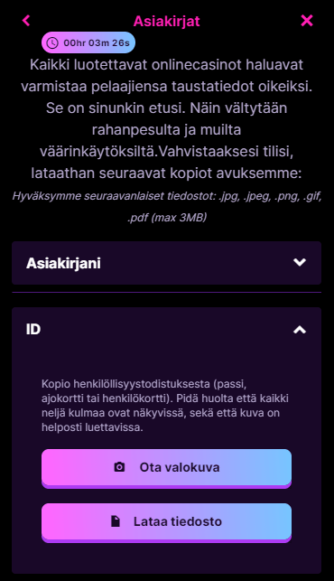 Nettikasinon KYC ja henkilöllisyystodistuksen lataaminen.