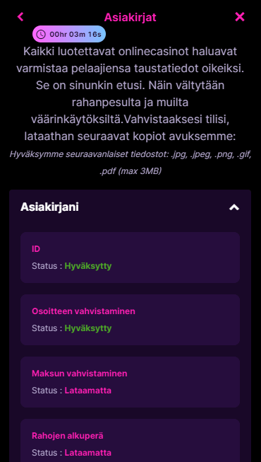 KYC dokumentien vahvistus nettikasinolla.