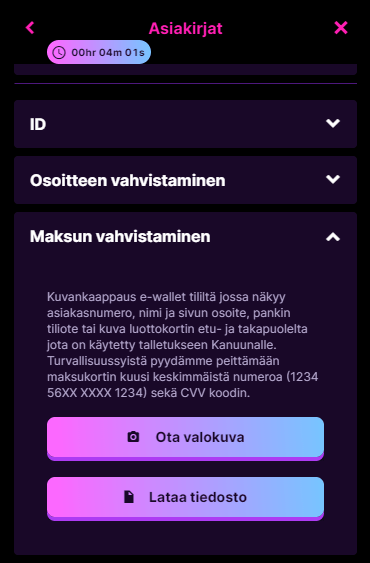 Maksutavan vahvistus kasinon KYC prosessissa.