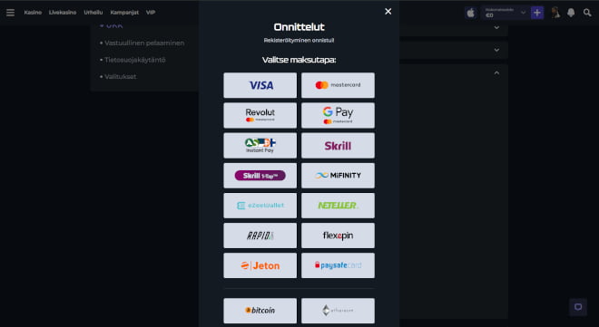 Winsane Casino kotiutus ja talletus onnistuu monipuolisilla maksutavoilla.