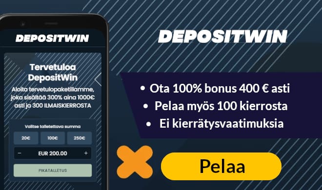 Lue DepositWin Casino arvostelu ja ota kierrätysvapaa bonus.