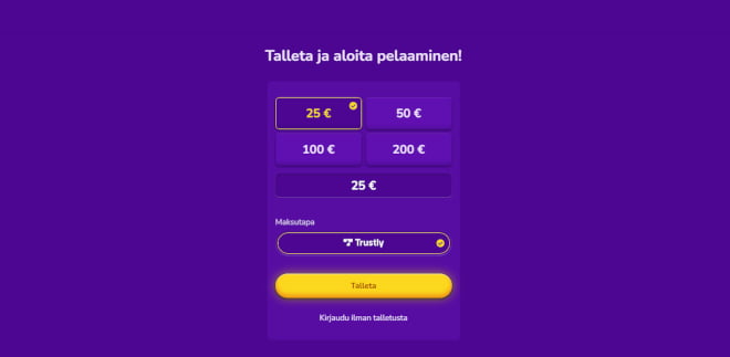 HappyCasino talletus ja kotiutus sujuvat Trustly Pay N Play -alustalla.