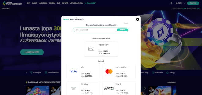 Spinplatinum Casino kotiutus ja talletus onnistuu esimerkiksi Eutellerillä.