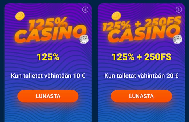 Bonus 10e talletuksella ja 20e talletuksella.