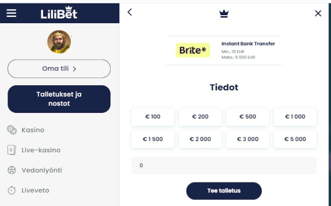 Lilibet kotiutus ja talletus onnistuu myös pankkitililtä.