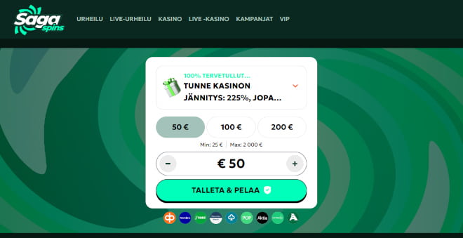 SagaSpins Casino kotiutus ja talletus onnistuu pankkitililtä.