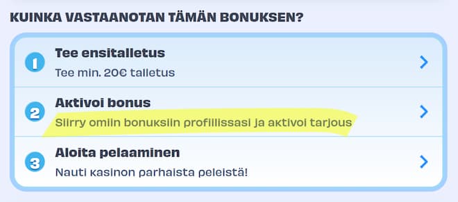 Bonuksen aktivoiminen.