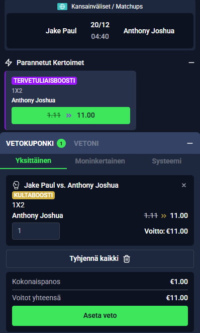 Ota 11 kerroin Anthony Joshuan voitolle 247Betiltä