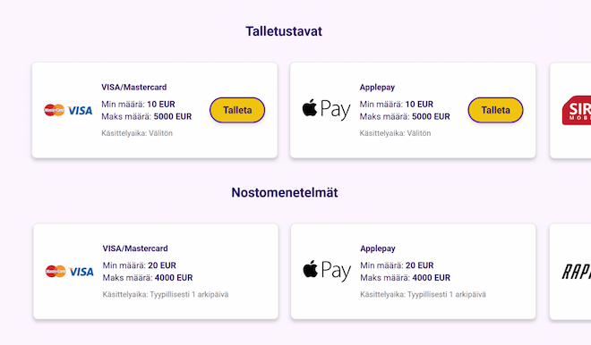 Luottokortti kasinon minimit ja maksimit siirtosummissa.
