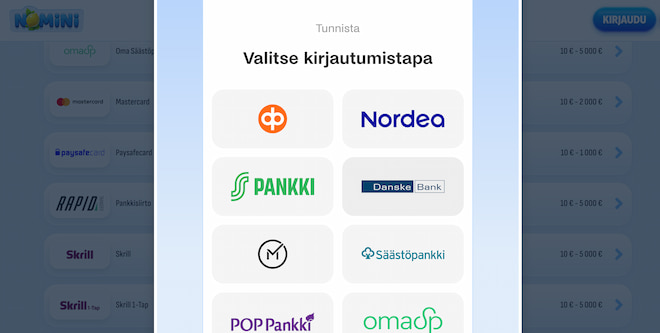 Nomini Casinolla voit rekisteröityä tai tunnistautua pankkitunnuksin.