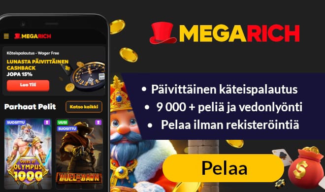 Lue MegaRich Casino arvostelu ja pelaa ilman tiliä.