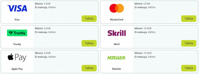 Riskitön talletus onnistuu monilla tutuilla maksutavoilla.