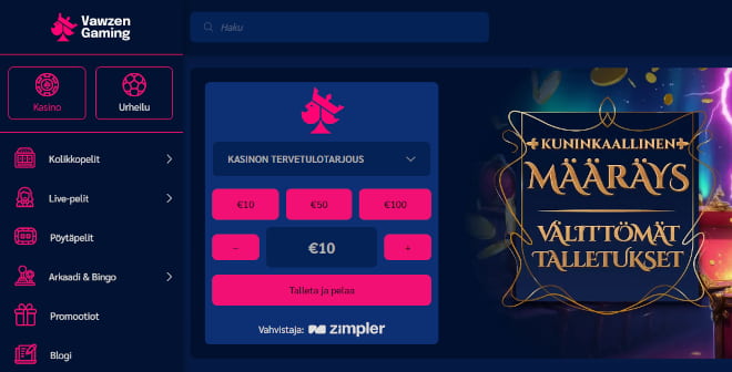 Vawzen Gaming Casino kotiutus ja talletus onnistuu pikana.