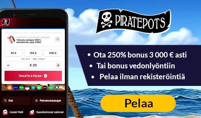 Lue PiratePots kasino arvostelu ja valitse tervetulobonus.