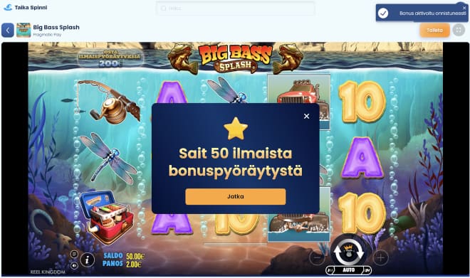 Pelasimme onnenpyörästä voitetut TaikaSpinniCasino ilmaiskierrokset heti.