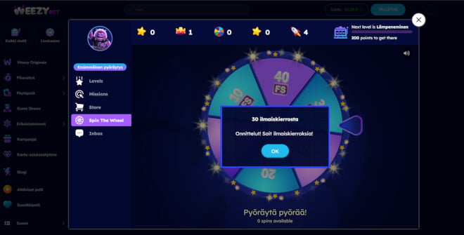 Weezybet ilmaiskierrokset ovat voitettavissa Spin the Wheel -onnenpyörästä.