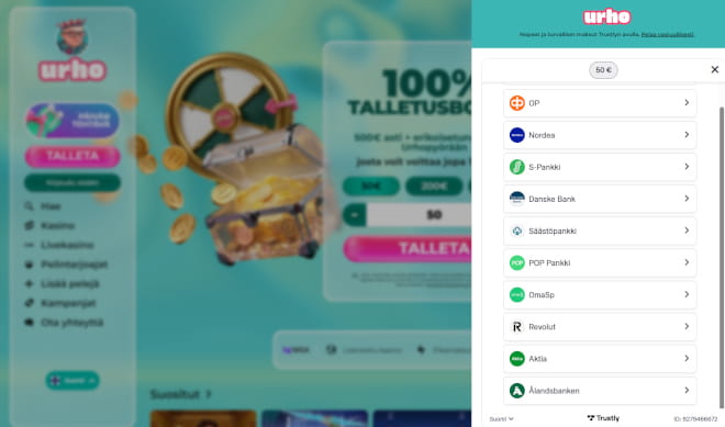 Urho Casino talletus hoituu turvallisesti Trustlyllä.