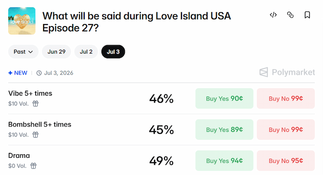 Polymarketin kohteita sille, mitä Love Island -ohjelmassa sanotaan.