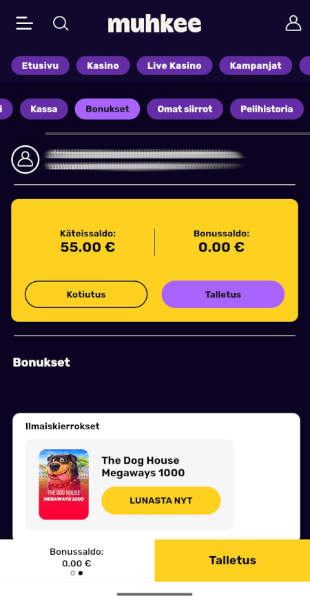 Aktivoi MuhkeeCasino ilmaiskierrokset talletuksen jälkeen.