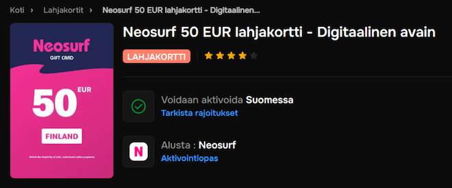 Neosurf kasinot hyväksyvät talletukset digitaalisella avaimella.
