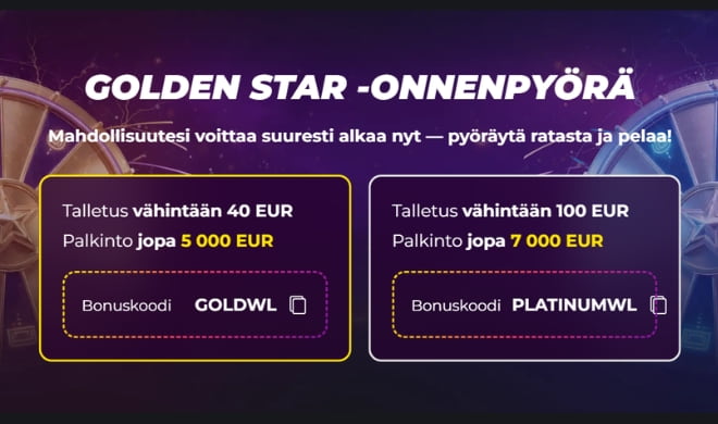 Lue GoldenStarCasino esittely ja tutustu onnenpyörään.