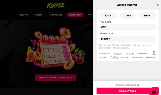 Hanki Kirpee kokemuksia tekemällä pikatalletus ja käytä bonuskoodi.